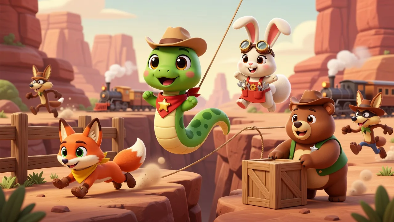 Sheriff Noodle swinging on a lasso across a canyon while the posse chases coyote outlaws