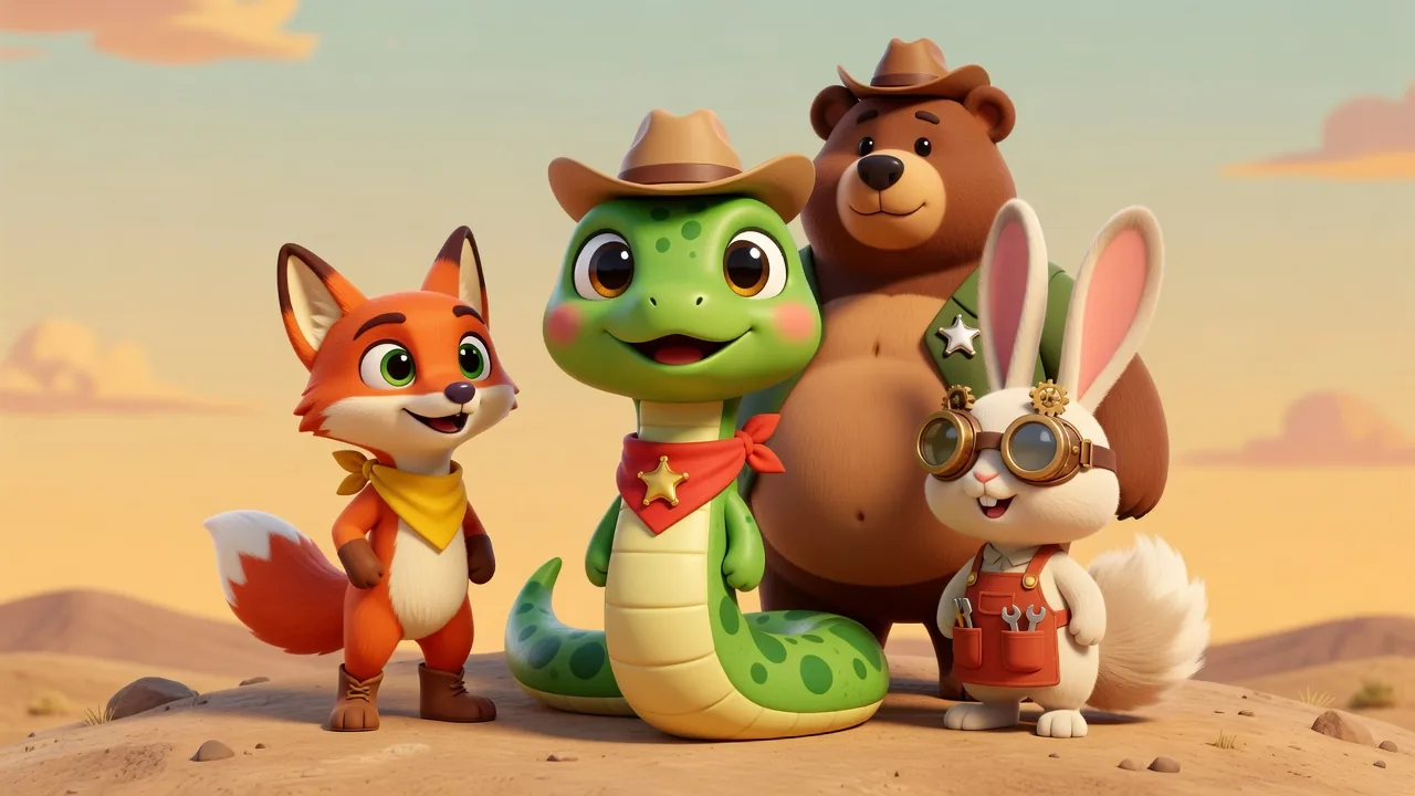 Dusty the fox, Sheriff Noodle, Bruno the bear and Pip the rabbit